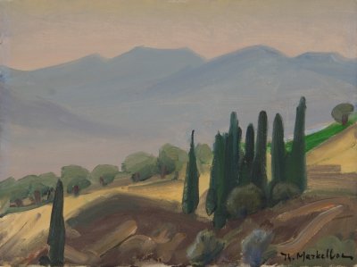 Corinthian Landscape with Cypresses — Oil painting, Canvas, 30.00×40.00cm — Theodoros Markellos